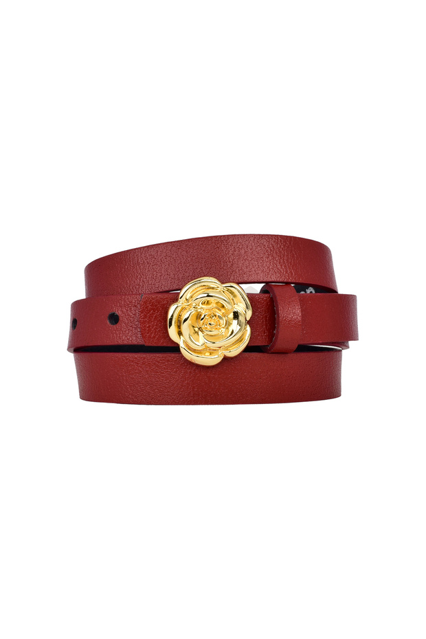 100% Genuine Leather, Gold Color Buckle Thin 2cm Red Women's Belt; Dress, Pants Belt Gül_Gold