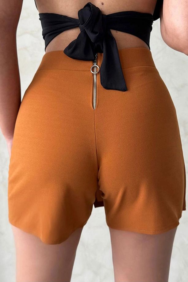 Kadın Taba Fermuarlı Önü Dökümlü Şort Etek Bchn-2525683 - 7