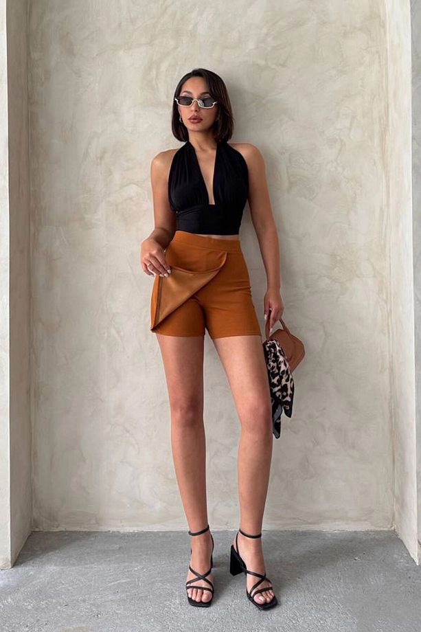 Kadın Taba Fermuarlı Önü Dökümlü Şort Etek Bchn-2525683 - 3