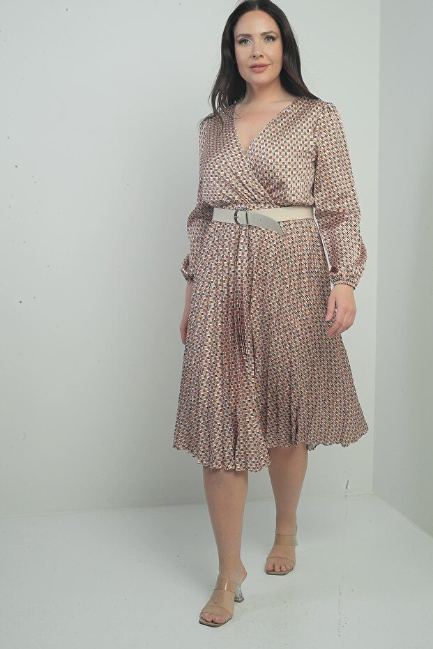 Women's Double Breasted Neckline Waist Belted Lined Patterned Pleated Midi Satin B.B Dress