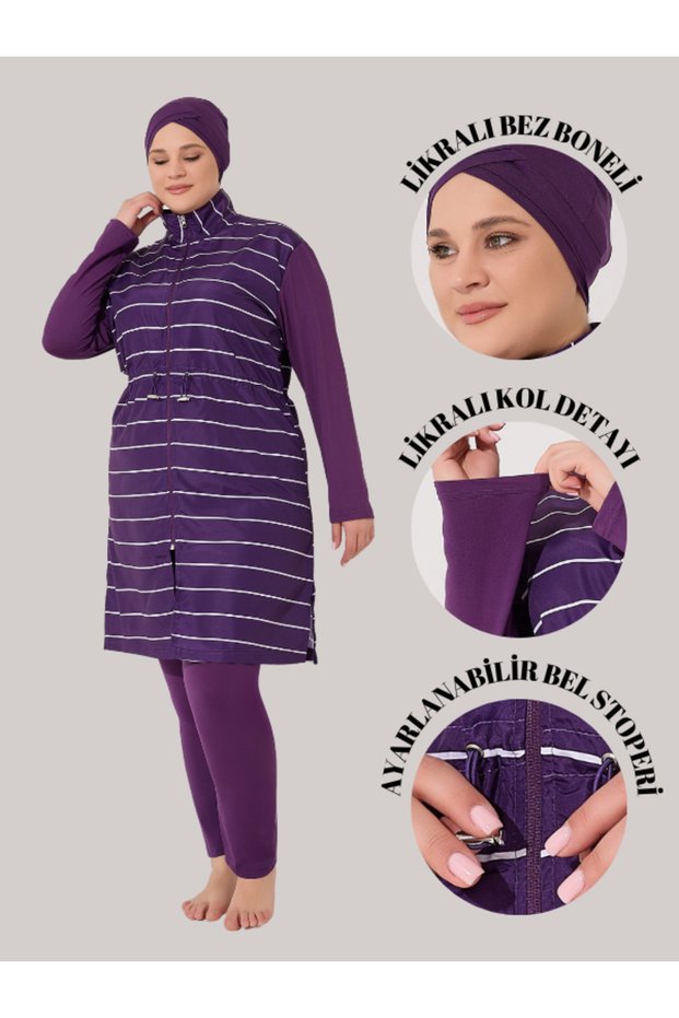 Plus Size Women's Striped Hijab Swimsuit 3 Pieces Women's Hijab Swimsuit