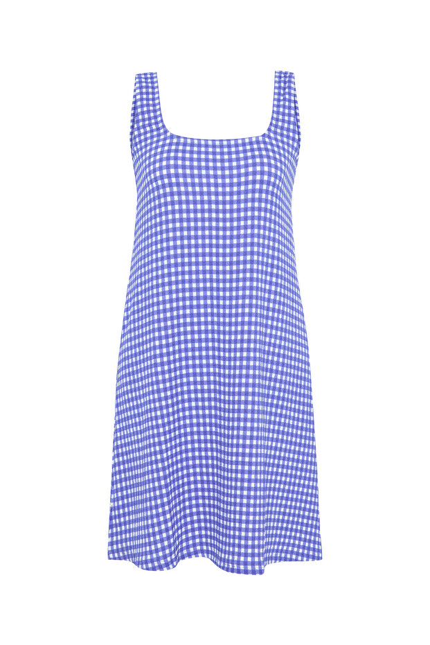 Women's Blue Straight Cut Plaid Mini Dress