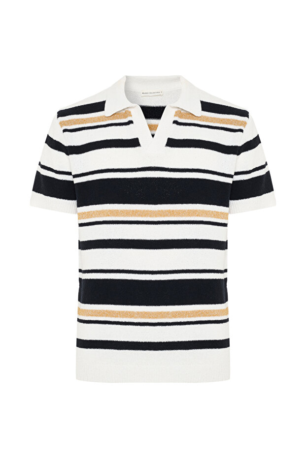 Men's Mustard Color Striped Polo Collar Short Sleeve Knit Sweater