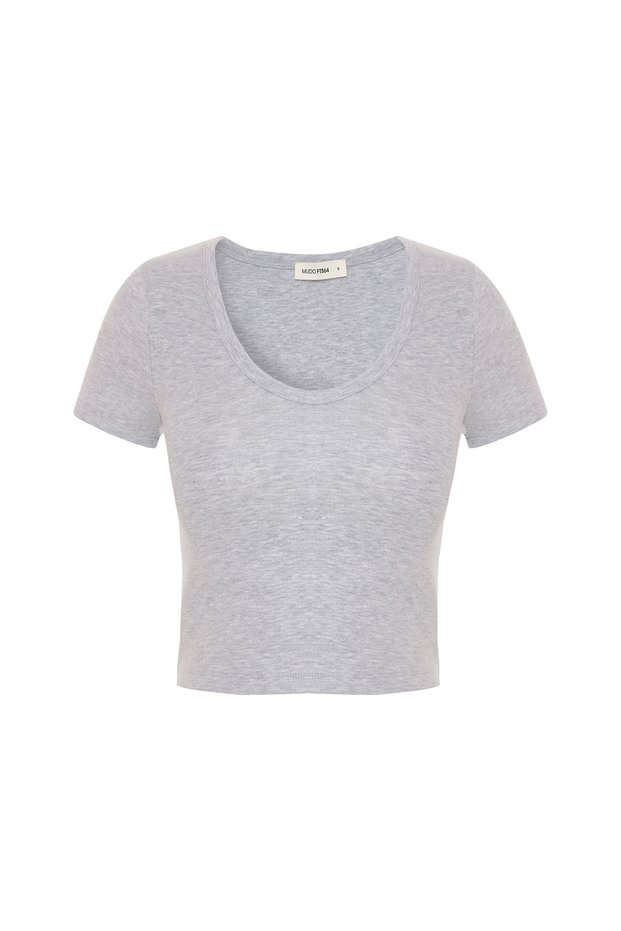 Women's Gray Melange Ribbed V-Neck Crop T-Shirt