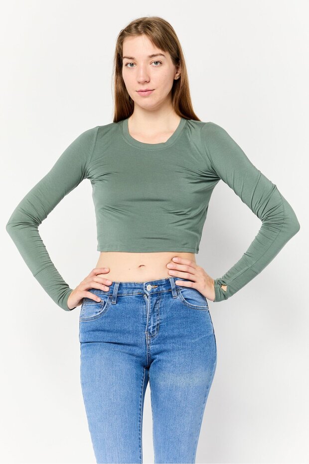 Women Round Neck Long Sleeve Plain Crop Top, Olive