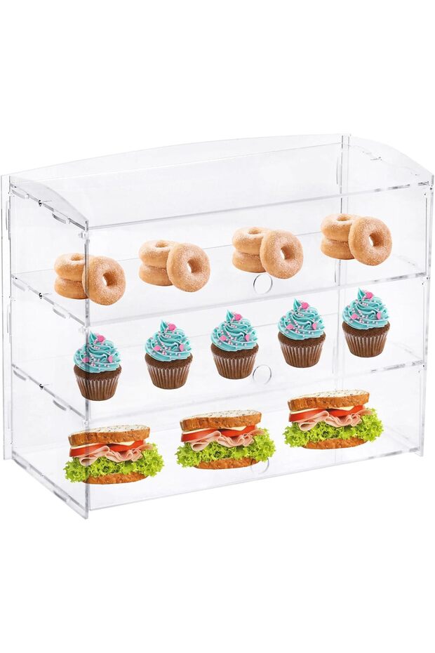 3-Tier Pastry Display Case, Acrylic Display Case with Rear Door Access, Suitable for Bakery