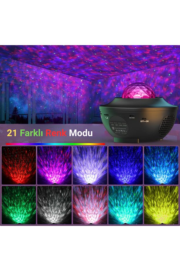 Led Yıldız Projektör Gece Lambası 21 Renk Bluetooth Hoparlör Kumanda Dalga Efekti - 4