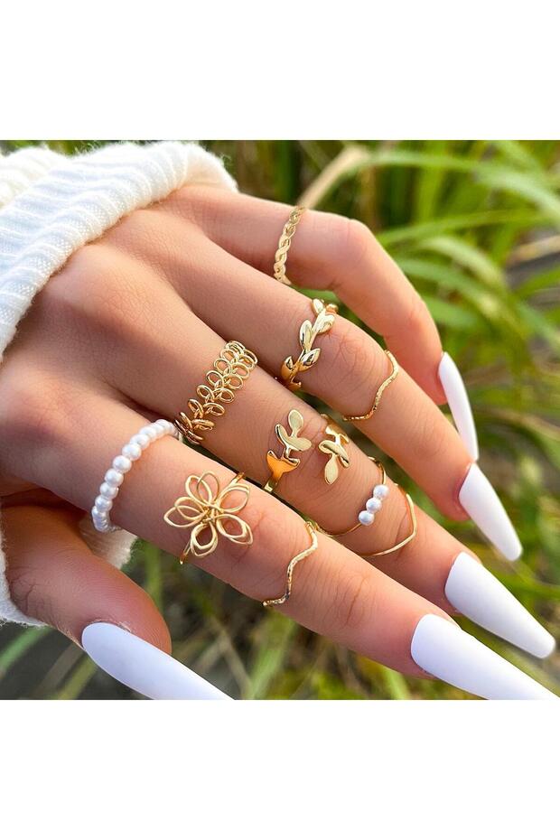 J0656HB 10pcs/Set New Fashion Leaf Imitation Flower Pearl Petal Wave Twist Simple Metal Hollow Ring
