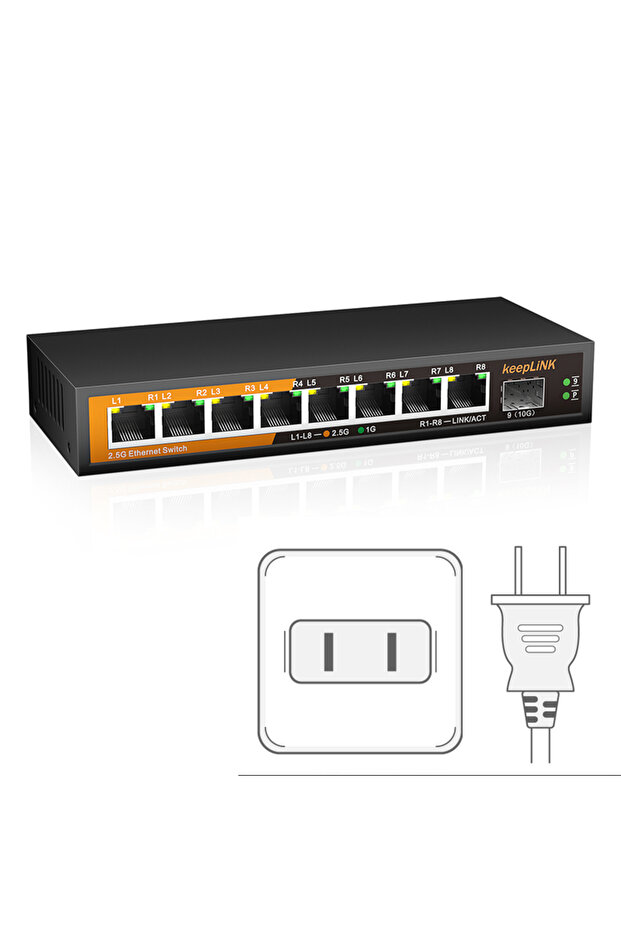 Switch with US Plug KeepLiNK 8-Port 2.5Gbps Ethernet Network with 1-10Gb SFP+ Unmanaged Plug and Pla - 1
