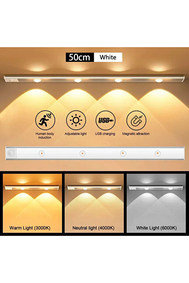 مصباح ليلي LED للخزانة بطول 50 سم، مع مستشعر حركة لاسلكي، رفيع جدًا، للمطبخ وغرفة النوم