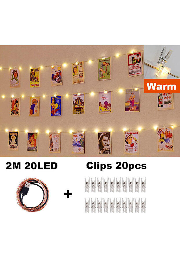 Warm 20led 20Clip Photo Clip String Lights LED Fairy Lights Picture Clips USB Powered String Light w