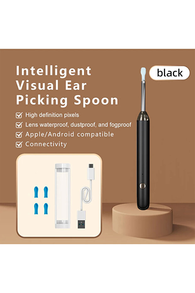 black Tinsol 1296P Smart Visual Ear Cleaner Ear Spoon Otoscope USB-C Charging Endoscope Earwax Remov