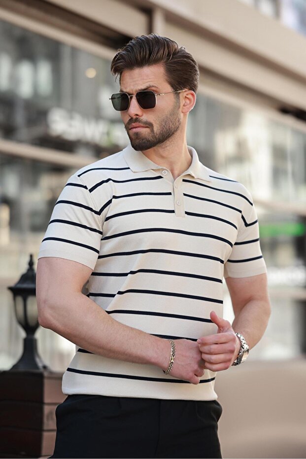 Beige Striped Polo Collar Knitwear Men's T-Shirt E7405