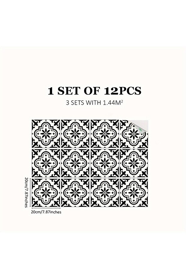 DB-4T12P20-540-XM 12PCS Moroccan Style Black and White Pattern Floor Sticker Waterproof Non-Slip Hom