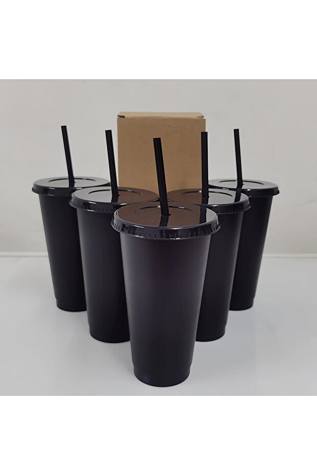 710ml Black 5pcs 5pcs 24oz Transparent Reusable Tumblers With Black Lids and Straws Iced Coffee Wate