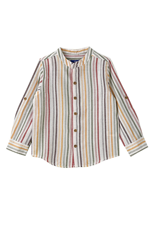 Boys Woven Cotton Striped Mandarin Collar Shirt