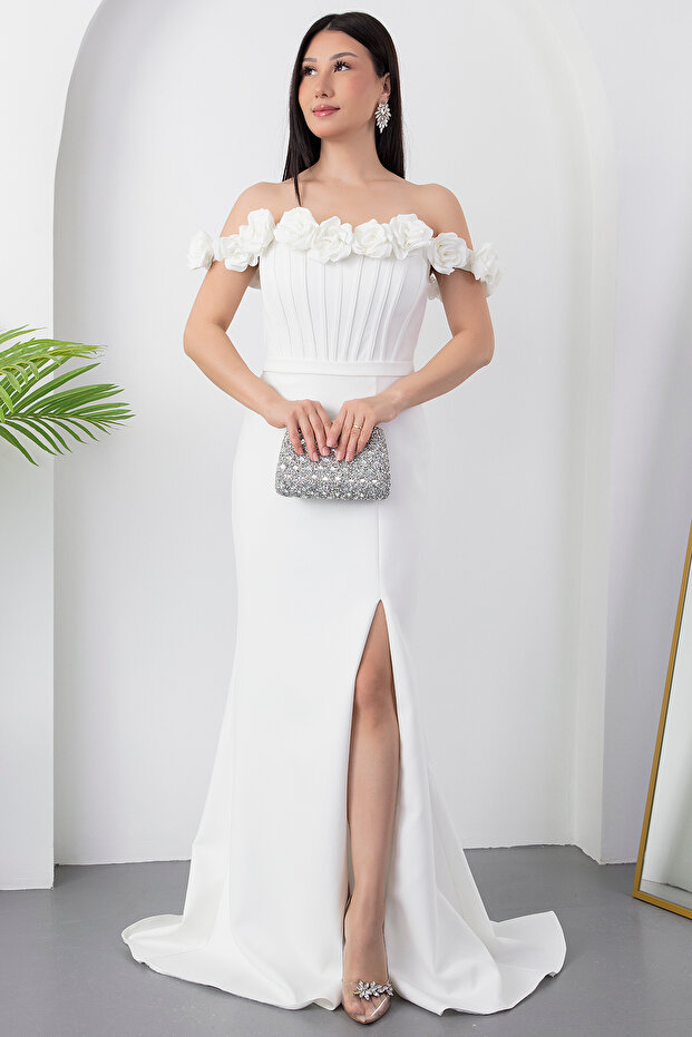 Yaka Gül Detay Yırtmaçlı Elbise ECR5410 - 1