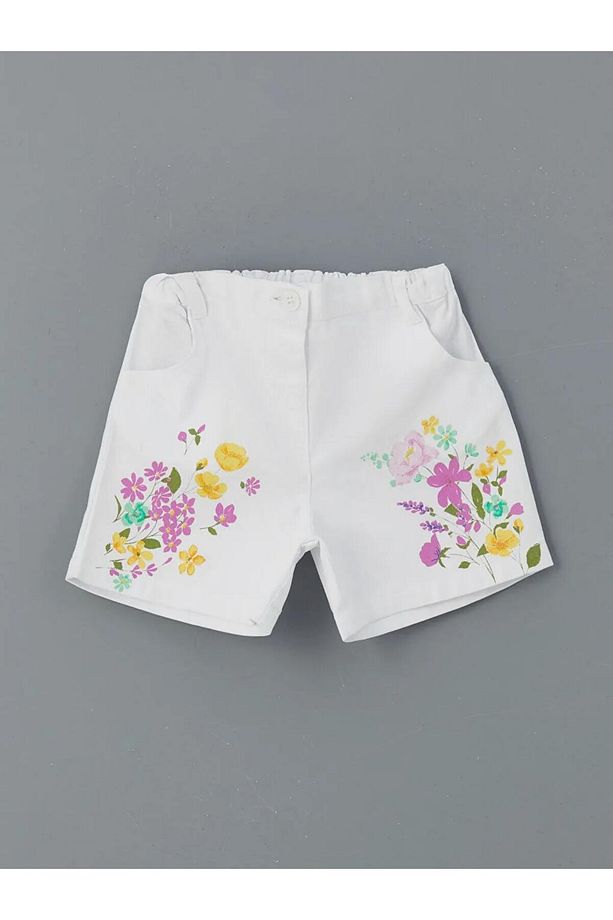 LCW Kids Beyaz Beli Lastikli Çiçekli Kız Çocuk Şort - 1