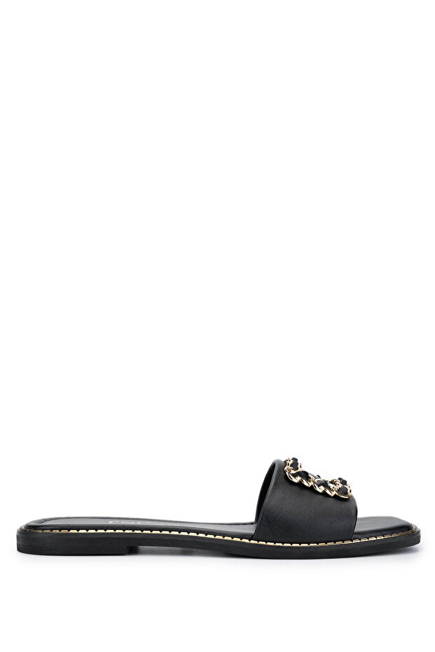 Women's Genuine Leather Black Leather Flat Slippers