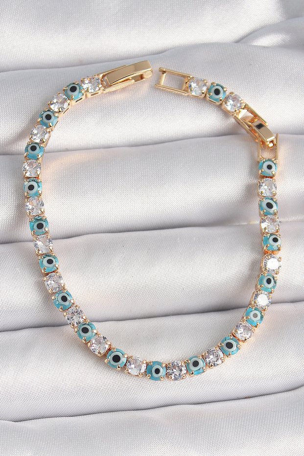 Brass Gold Color Waterway Zircon Stone Evil Eye Beaded Women's Bracelet - Tj-Bb6648