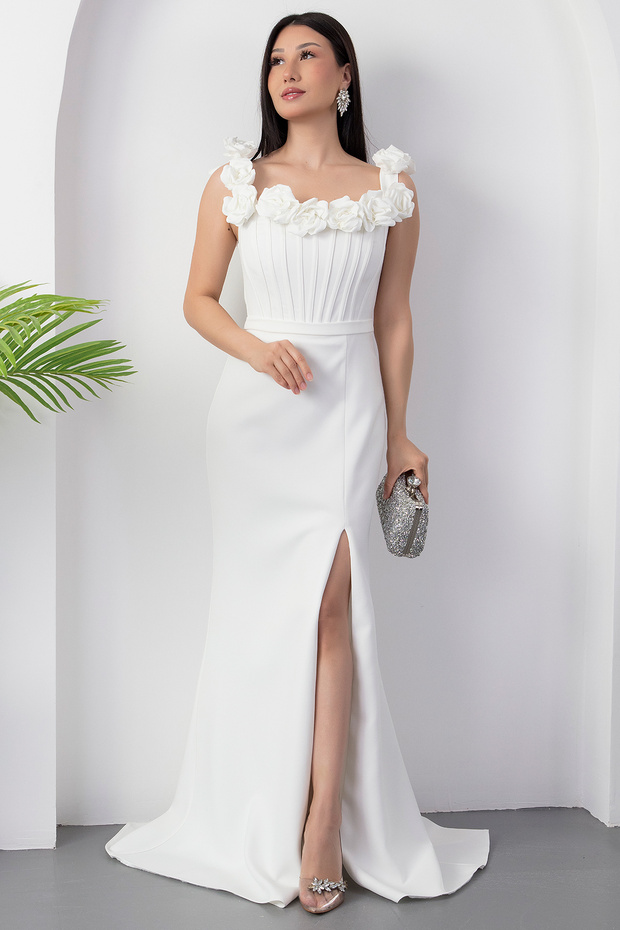 Yaka Gül Detay Yırtmaçlı Elbise ECR5410 - 4