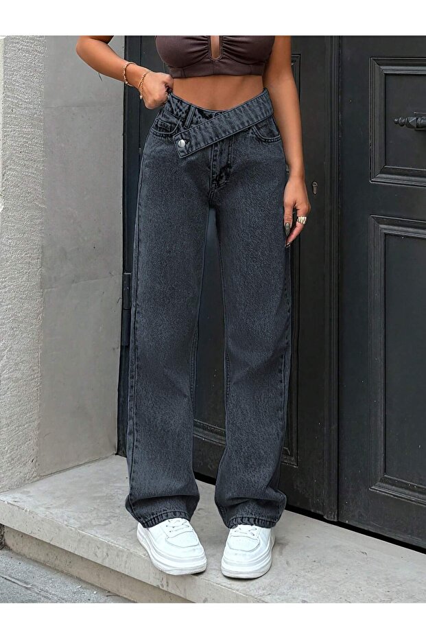 Pants Front Placket Straight Leg High Waist