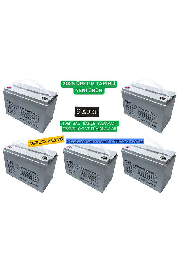 12 Volt 100 Amper Jel Solar Akü 2025 Üretimi 5 Adet Toptan - 1