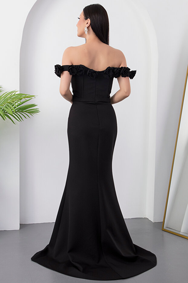 Yaka Gül Detay Yırtmaçlı Elbise ECR5410 - 7