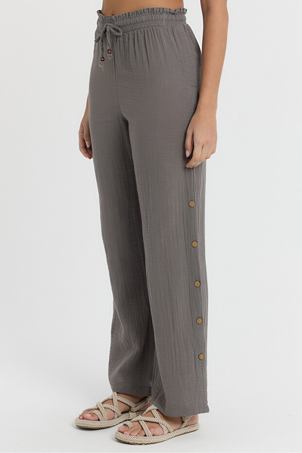 Muslin Trousers - Muslin Wide-Leg Trousers - Side Button Trousers - 2100