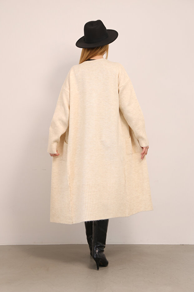 U Yaka Uzun Kollu Midi Boy Yumuşak Dokulu Cepli Sade Basic Düz Kışlık Sonbaharlık Triko Hırka - 3