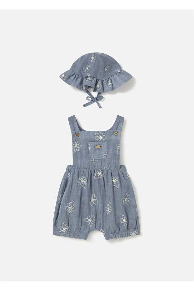 Baby Girl Floral Embroidered Hat Short Jumpsuit Blue 1665
