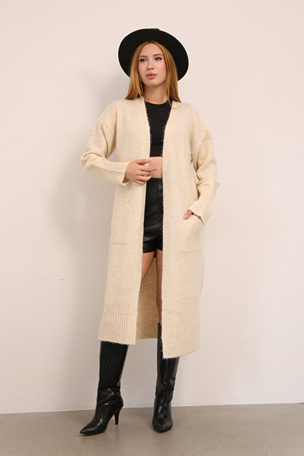 U Yaka Uzun Kollu Midi Boy Yumuşak Dokulu Cepli Sade Basic Düz Kışlık Sonbaharlık Triko Hırka - 6