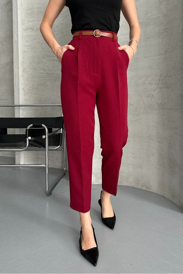 Women's Narrow Leg Pleated Belted Seasonal Fabric Trousers Burgundy