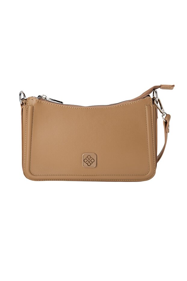 حقيبة كتف منقوشة باللون البيج - 1