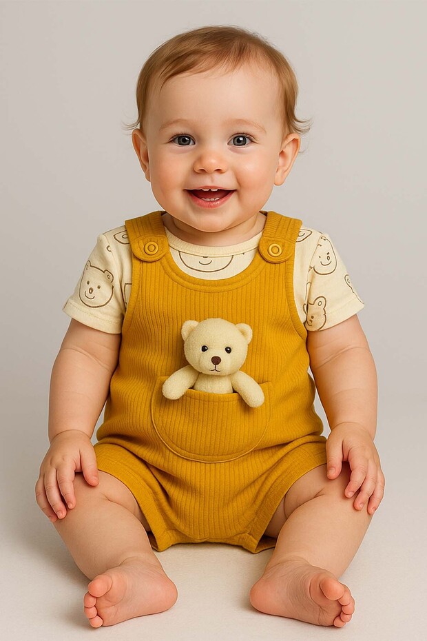 Baby 3-Piece Romper Set - Teddy Bear Patterned Bodysuit - Salopet and Socks Set 100% Cotton
