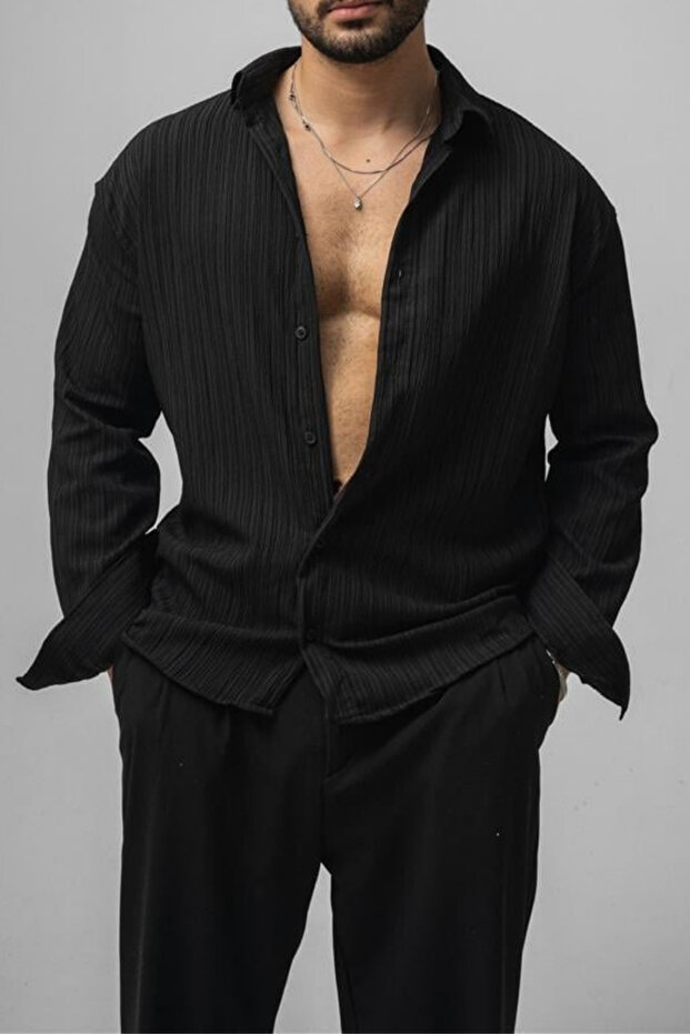 Erkek Siyah Embossed Oversize Gömlek - 1