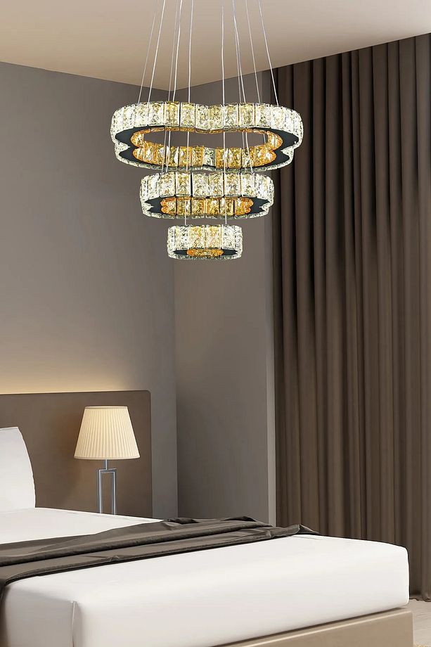 Kristal Modern LED Sarkıt Avize 3 Katlı Üç Renk Işık Ayarlı-Ayarlanabilir Yükseklik Lüks Salon Avize - 2