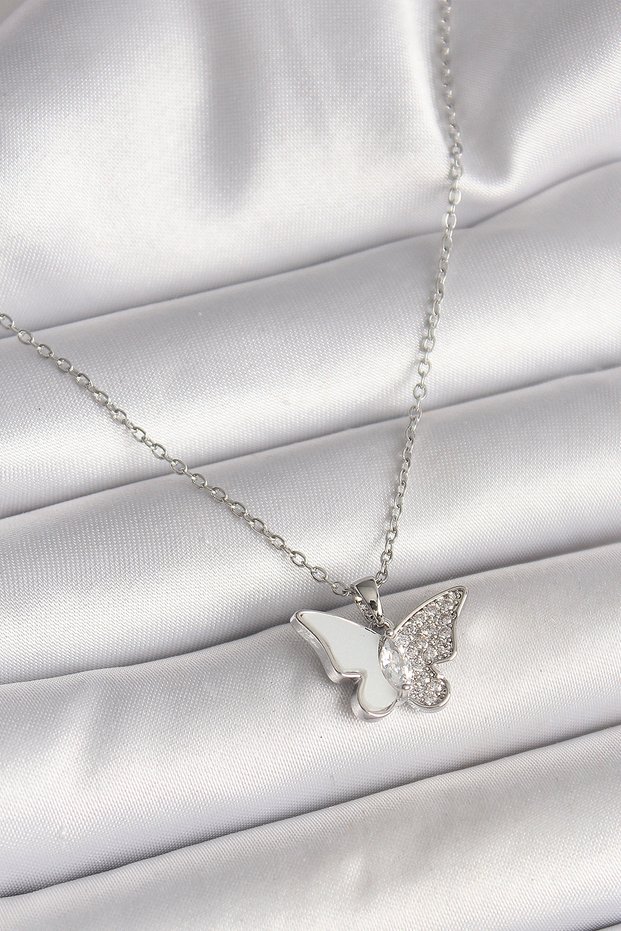 Ramia-Premium | 316L Steel Silver Color Chain with Zircon Stone and White Enamel Model Women's Necklace Tj-Bko9941