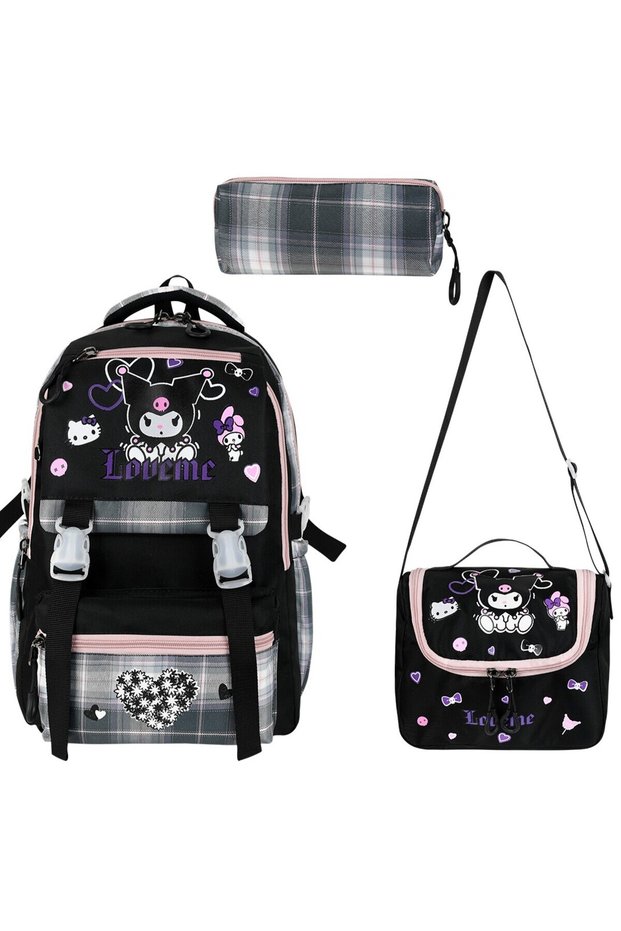 Korean Style Plaid Thermal School Backpack Set for Girls with Lunchbox and Pen Holder
