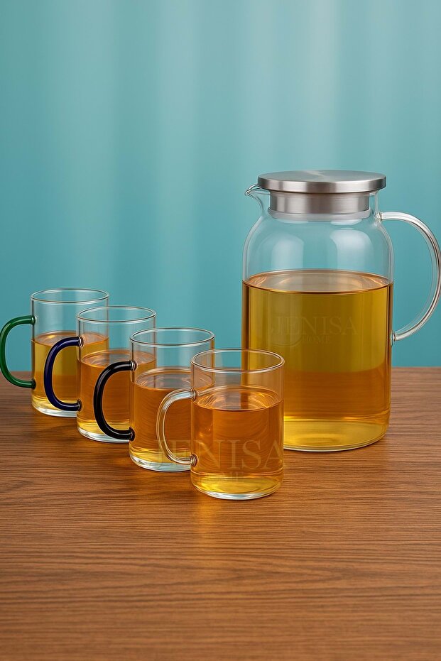 5 Parça Süzgeçli Cam Sürahi ve 4 Renkli Kupa Bardak–Borosilikat Şık İçecek Seti 1800 ml - 4
