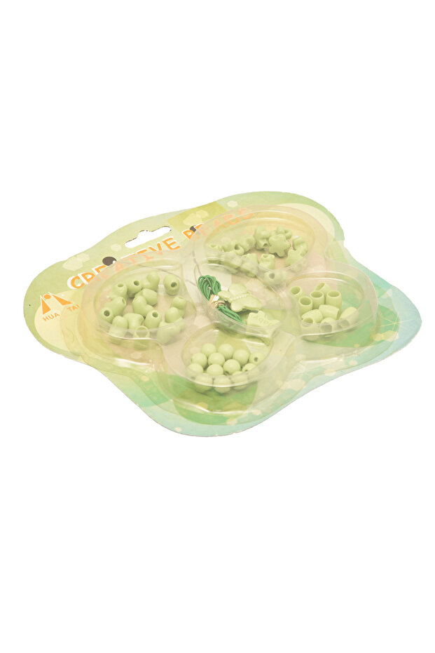 A set of multi-shaped green beads and strings