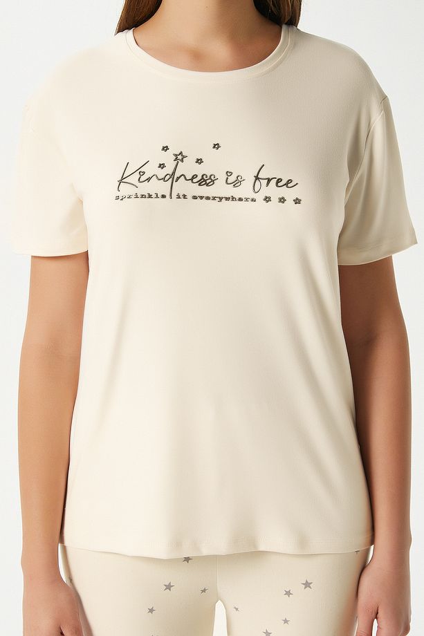 Kadın Kindness Yumuşak Doku Tereyağ Sarısı Yıldız Desen Bisiklet Yaka Kısa Kollu Alt Üst Pijama Takı - 6