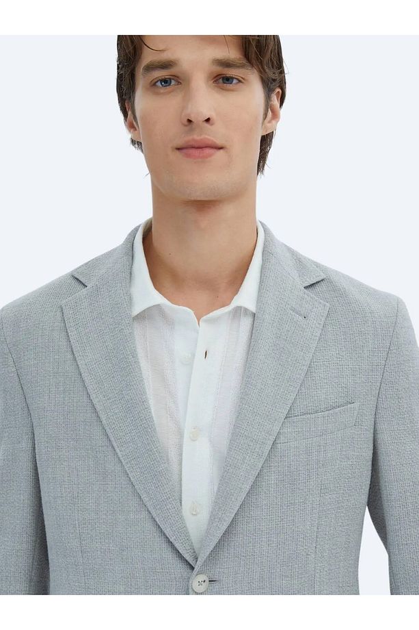 Gri Comfort Fit Gofre Kumaş Torba Cep Mono Yaka 6 Drop Örme Blazer Ceket - 3