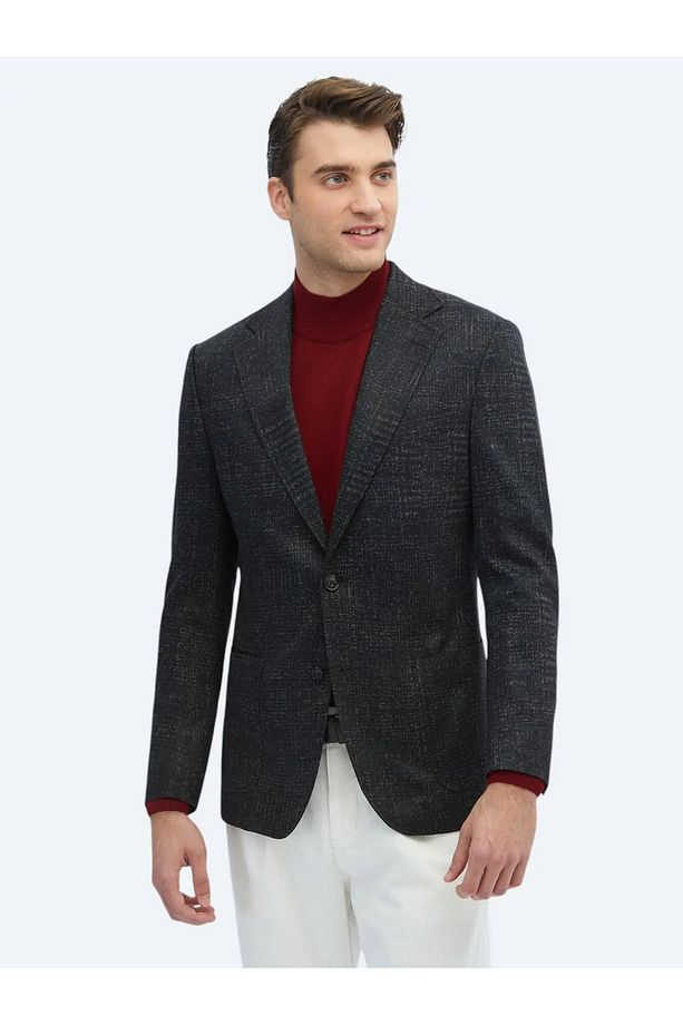 Siyah Desenli Comfort Fit Yün Karışımlı Torba Cep Mono Yaka 6 Drop Örme Blazer Ceket - 2