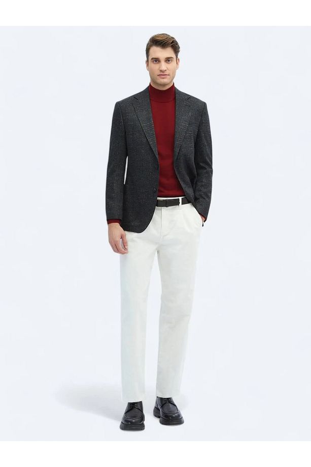 Siyah Desenli Comfort Fit Yün Karışımlı Torba Cep Mono Yaka 6 Drop Örme Blazer Ceket - 4