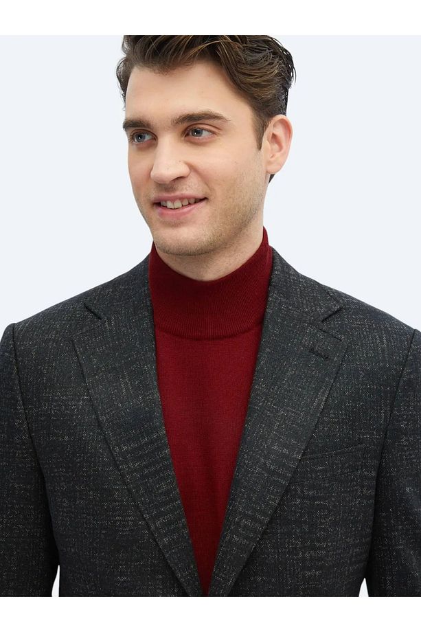 Siyah Desenli Comfort Fit Yün Karışımlı Torba Cep Mono Yaka 6 Drop Örme Blazer Ceket - 5