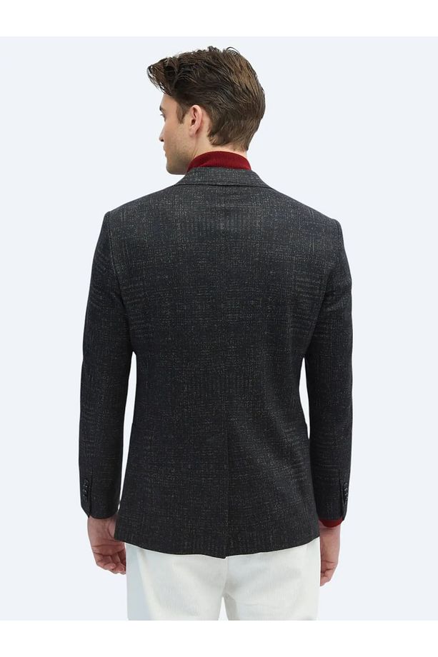 Siyah Desenli Comfort Fit Yün Karışımlı Torba Cep Mono Yaka 6 Drop Örme Blazer Ceket - 3