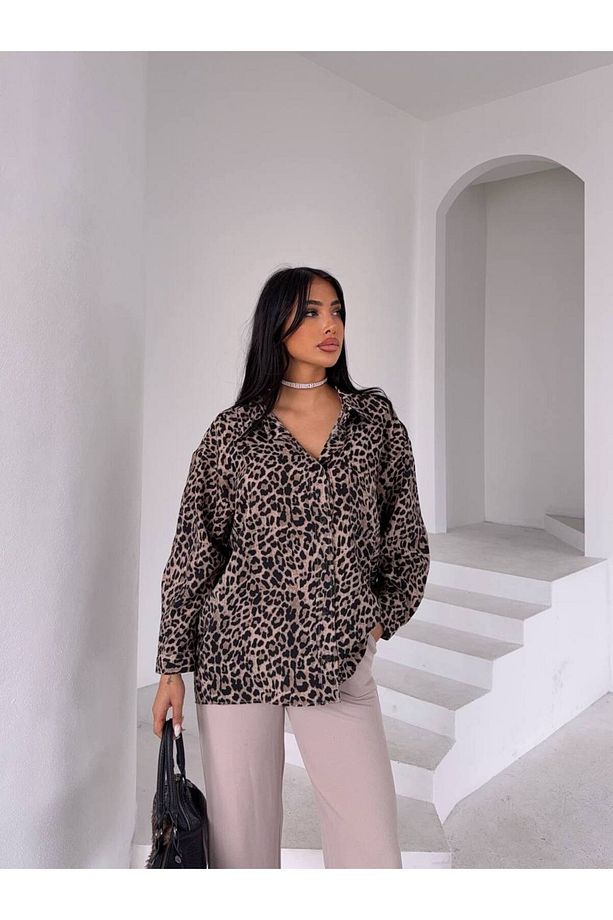 Leopar Desen Oversize Kadın Cep Detaylı Gömlek (Viskon Kumaş) - 1