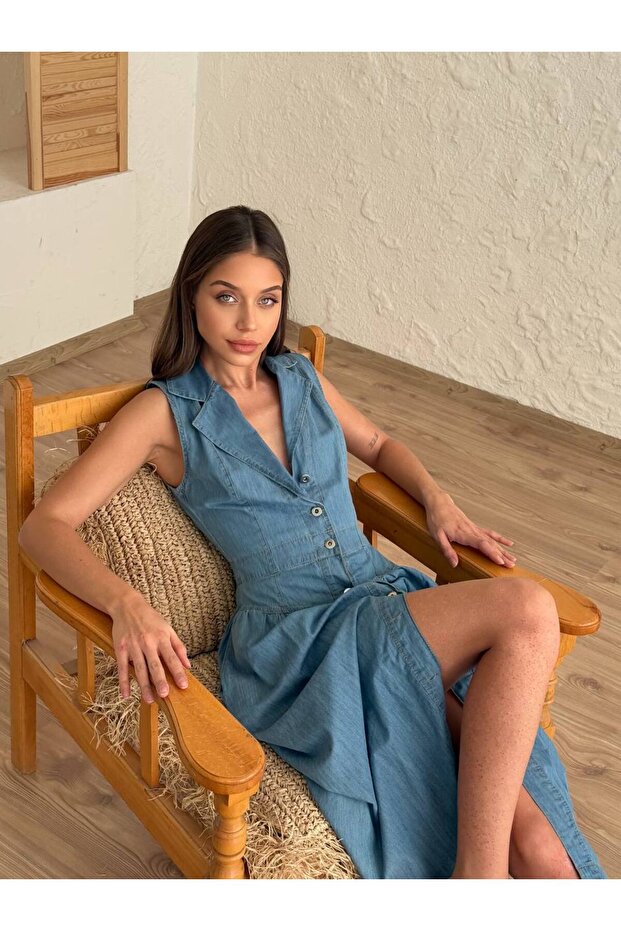 Vintage Önü Düğmeli Kot Elbise - 2