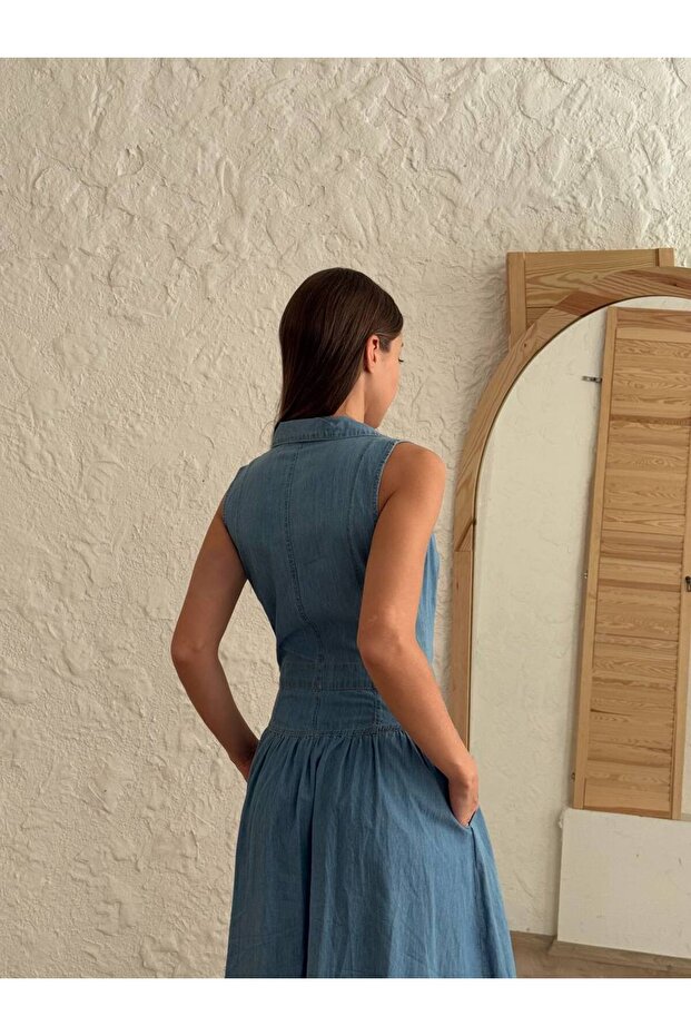 Vintage Önü Düğmeli Kot Elbise - 5